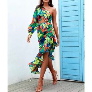 Asymmetrical floral ruffle dress high lo one sleeve